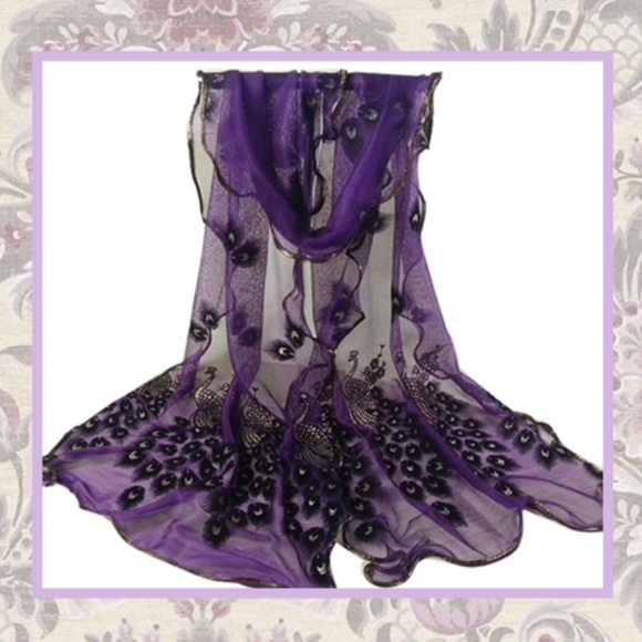 Unique Styles scarf Accessories - 🌸 PURPLE PEACOCK EMBROIDERED SCARF LONG BOHO CHIC SHEER MULTIPURPOSE WRAP BIRD